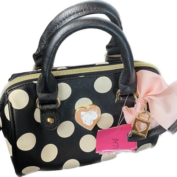 Betsey Johnson Black White Polka Dot Mini Bag Handle Small Bow Pocketbook - Picture 1 of 7